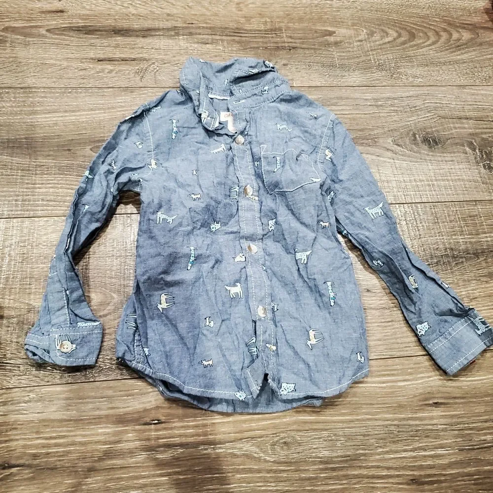 Boys Cat & Jack Button Down Shirt Size 4T Blue Shirt with Animal Design